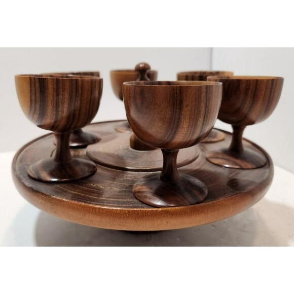 Vintage Mid Century Modern Wooden Wine Goblets with 6 Goblets and Tray - Picture 5 of 15